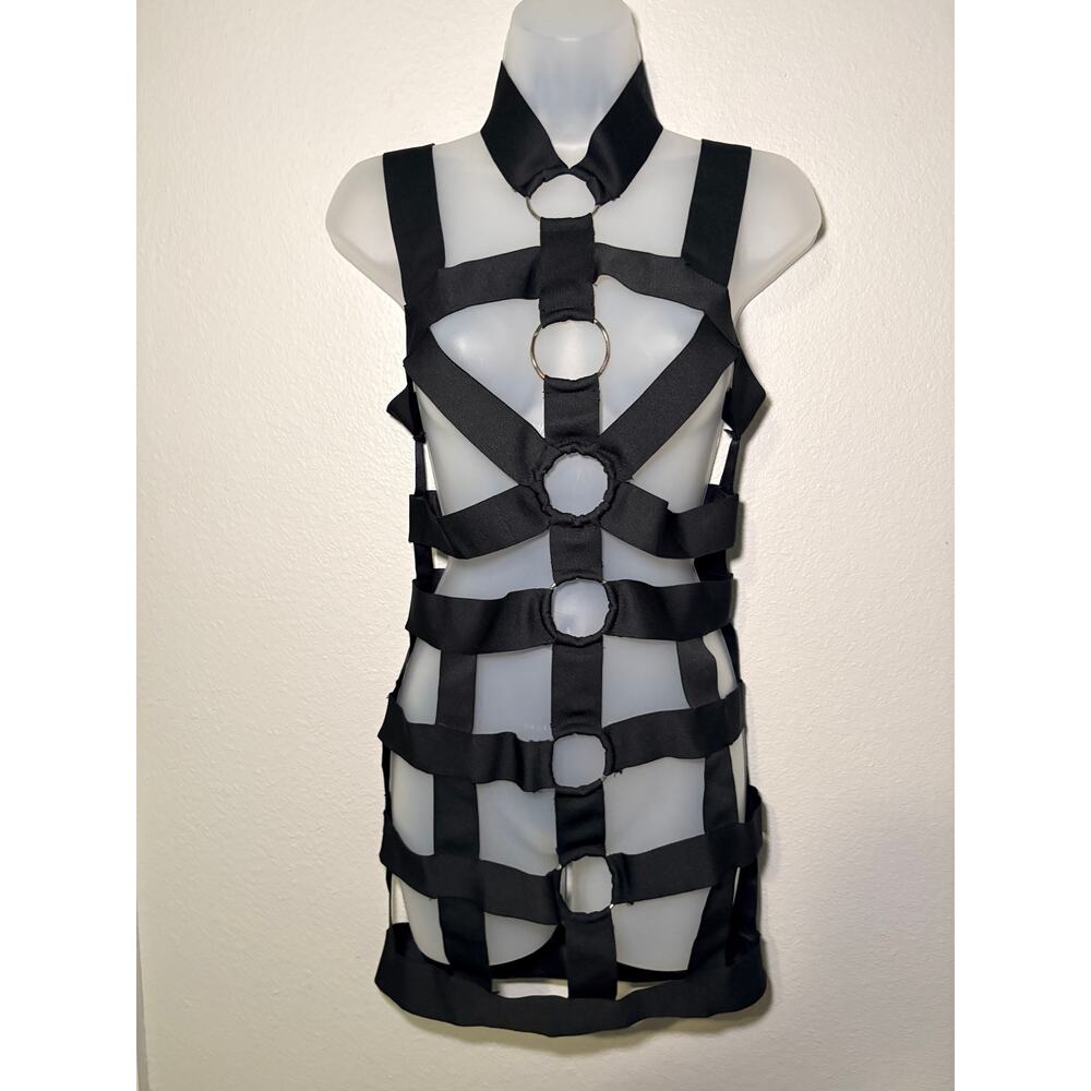 Capsule Black Strappy Elastic Layering Slip Dress Cage Grid Style Medium